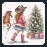 Adesivo Quadrado Pink Cowgirl Lasseamento Natal<br><div class="desc">Este encantador adesivo apresenta uma jovem vaqueira vestida com uma jaqueta rosa e botas de vaqueiro combinando, com um chapéu de vaqueiro. Ela está adorando o espírito do Natal. No pano de fundo, uma árvore festiva e o seu querido cavalo puseram a cena. É um sotaque de férias perfeito para...</div>