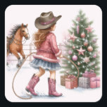 Adesivo Quadrado Pink Cowgirl Lasseamento Natal<br><div class="desc">Este encantador adesivo apresenta uma jovem vaqueira vestida com uma jaqueta rosa e botas de vaqueiro combinando, com um chapéu de vaqueiro. Ela está adorando o espírito do Natal. No pano de fundo, uma árvore festiva e o seu querido cavalo puseram a cena. É um sotaque de férias perfeito para...</div>
