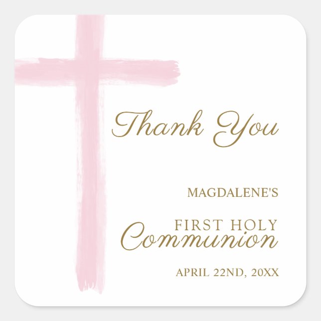 Adesivo Quadrado Pink Cross Thank You First Holy Communion (Frente)