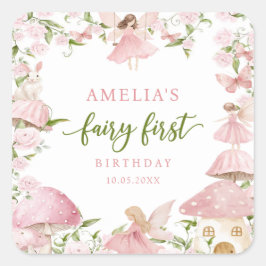 Adesivo Quadrado Pink Fairy First Birthday Party Sticker