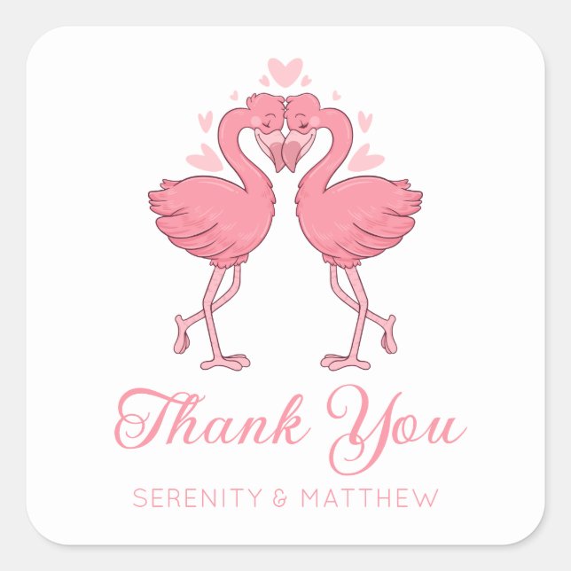 Adesivo Quadrado Pink Flamingo Beach Tropical Wedding Thank You (Frente)