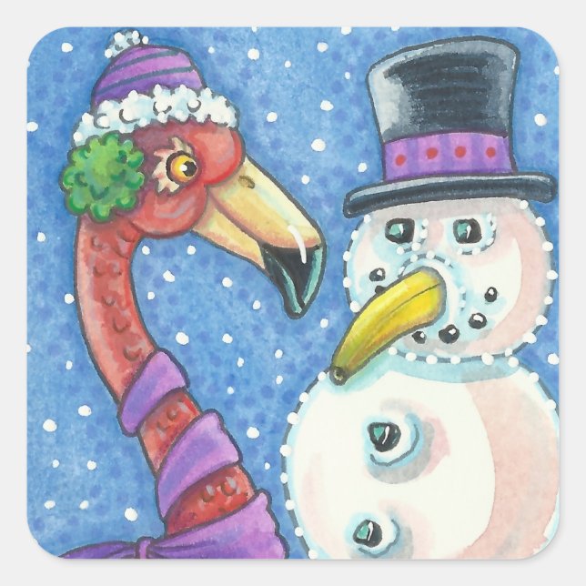 Adesivo Quadrado PINK FLAMINGO SNOWMAN CHRISTMAS STICKERS Square (Frente)