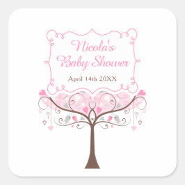 Adesivo Quadrado Pink Floral Bird Baby Shower Thank You