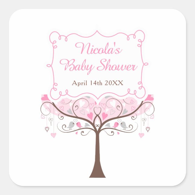 Adesivo Quadrado Pink Floral Bird Baby Shower Thank You (Frente)