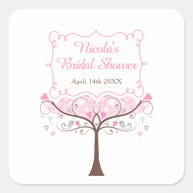 Adesivo Quadrado Pink Floral Bird Bridal Shower  (Frente)