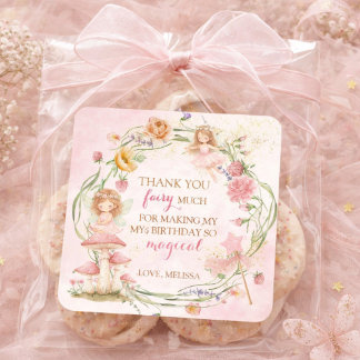 Adesivo Quadrado Pink Floral Magical Fairy Garden Girl Birthday   