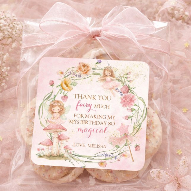 Adesivo Quadrado Pink Floral Magical Fairy Garden Girl Birthday    (Criador carregado)