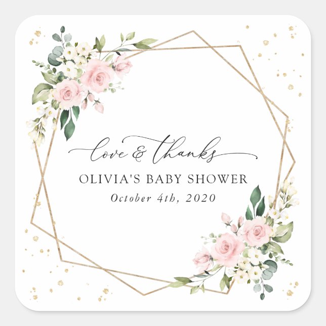 Adesivo Quadrado Pink Flowers, White Flowers, Greenery, Baby Shower (Frente)