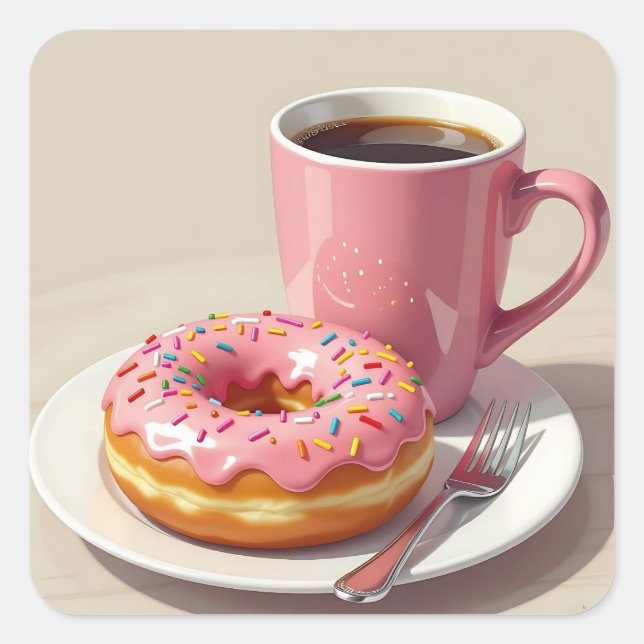 Adesivo Quadrado Pink Frosted Donut and Coffee  (Frente)