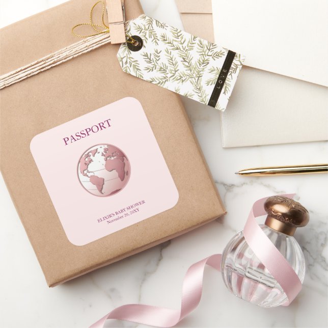 Adesivo Quadrado Pink Globe Passport Travel Baby Shower (Presentear)