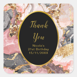 Adesivo Quadrado Pink, Gray and Gold Marble Agate Birthday Party
