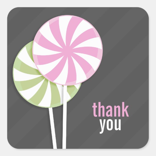 Adesivo Quadrado Pink & Green Lollipop Muito Obrigado (Frente)
