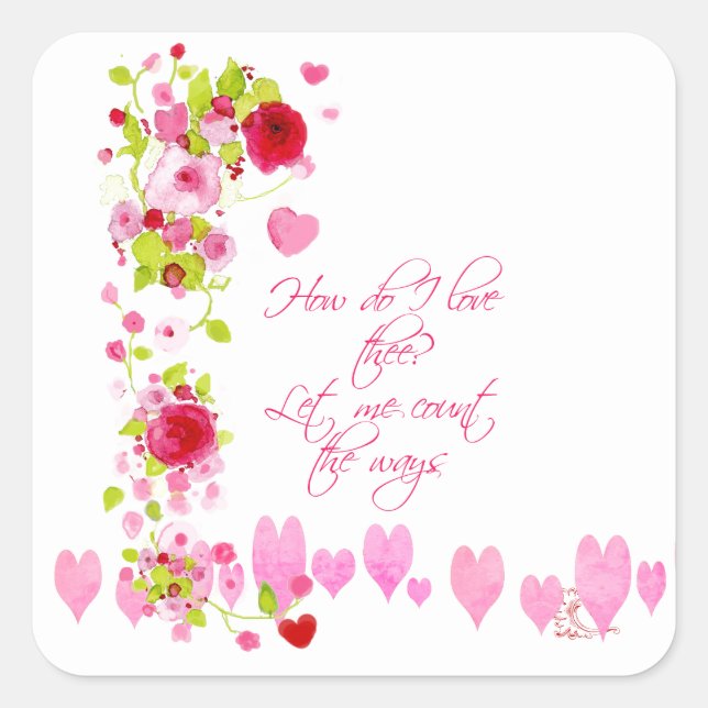 Adesivo Quadrado Pink Hearts Watercolor Valentine Sweetheart Verse (Frente)