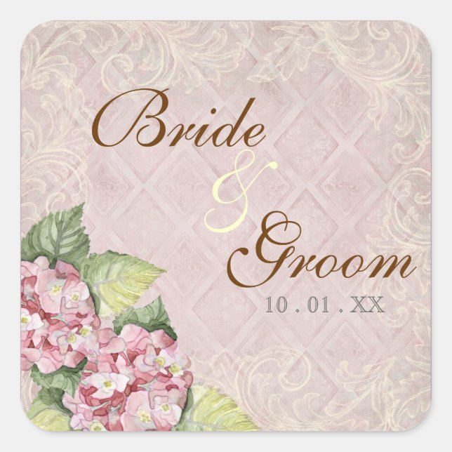 Adesivo Quadrado Pink Hydrangea Swirl - Wedding Seal or Sticker (Frente)