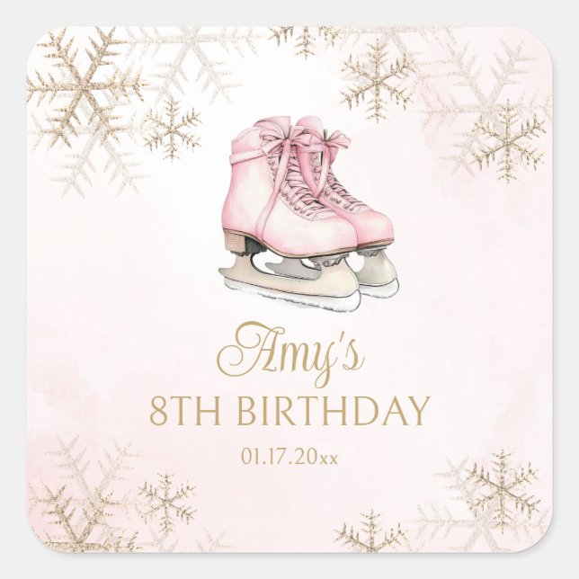 Adesivo Quadrado Pink Ice Skating Birthday Gold Glitter Snowflakes (Frente)
