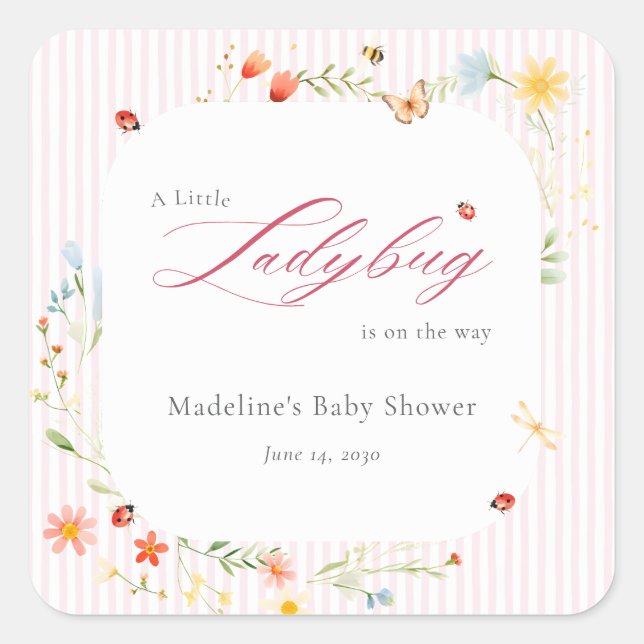 Adesivo Quadrado Pink Ladybug Wildflower Garden Baby Shower (Frente)
