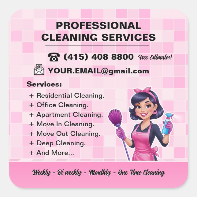 Adesivo Quadrado Pink Maid Janitorial Lady House Cleaning Service (Frente)