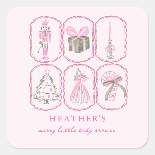 Adesivo Quadrado Pink Nutcracker A Merry Little Baby Shower (Frente)