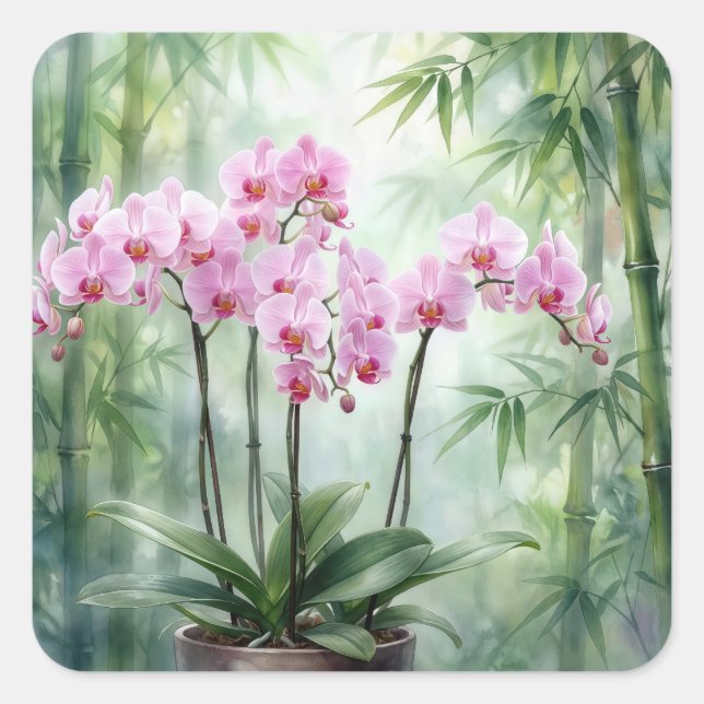 Adesivo Quadrado Pink Orchids On Green Bamboo Background (Frente)