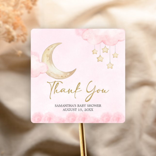 Adesivo Quadrado Pink Over the Moon Baby Shower  (Over the Moon Baby Shower Sticker)