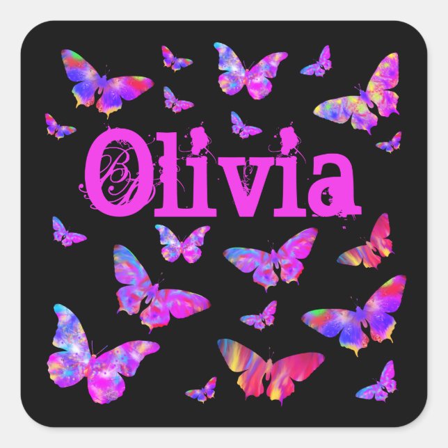 Adesivo Quadrado Pink & Purple Butterfly Pop Art Olivia Add Name (Frente)