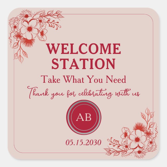 Adesivo Quadrado Pink Red Floral Welcome Station (Frente)