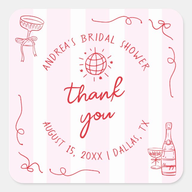Adesivo Quadrado Pink & Red Hand Drawn Bridal Shower Thank You (Frente)