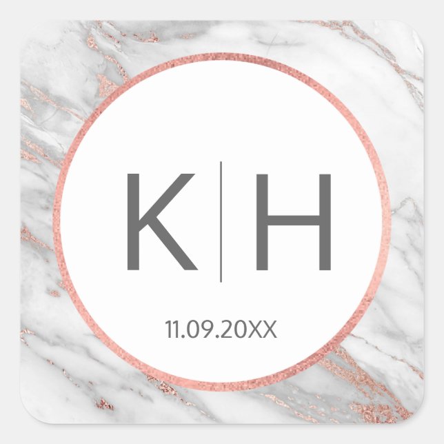 Adesivo Quadrado PINK ROSE Gold FOIL Marble Weding Monogramas (Frente)