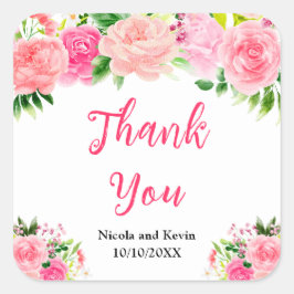 Adesivo Quadrado Pink Roses with Foliage Wedding Thank You