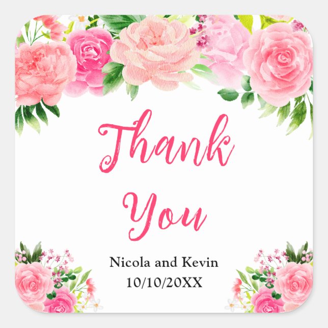 Adesivo Quadrado Pink Roses with Foliage Wedding Thank You (Frente)