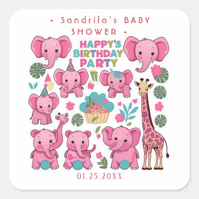 Adesivo Quadrado Pink Safari Animals Theme Girl Birthday Party  (Frente)