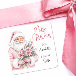 Adesivo Quadrado Pink Santa Christmas Gift Tag Sticker