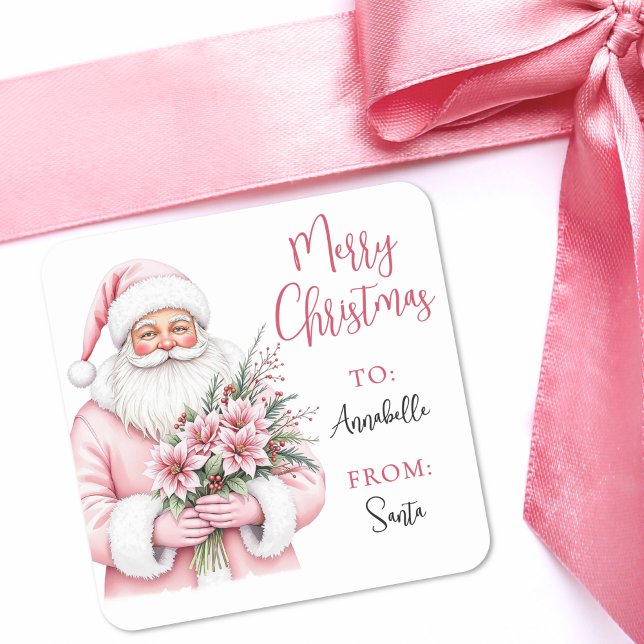 Adesivo Quadrado Pink Santa Christmas Gift Tag Sticker (Pink Santa Merry Christmas Gift Tag Sticker)