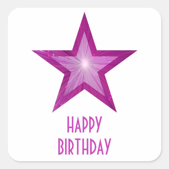 Adesivo Quadrado Pink Star 'Happy Birthday' - vinheta branca (Frente)