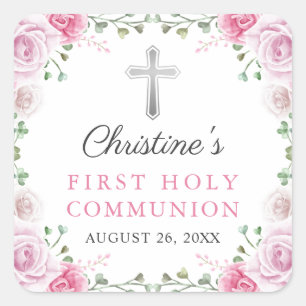 Adesivo Quadrado Pink Watercolor Floral Primeira Comunhão Sagrada