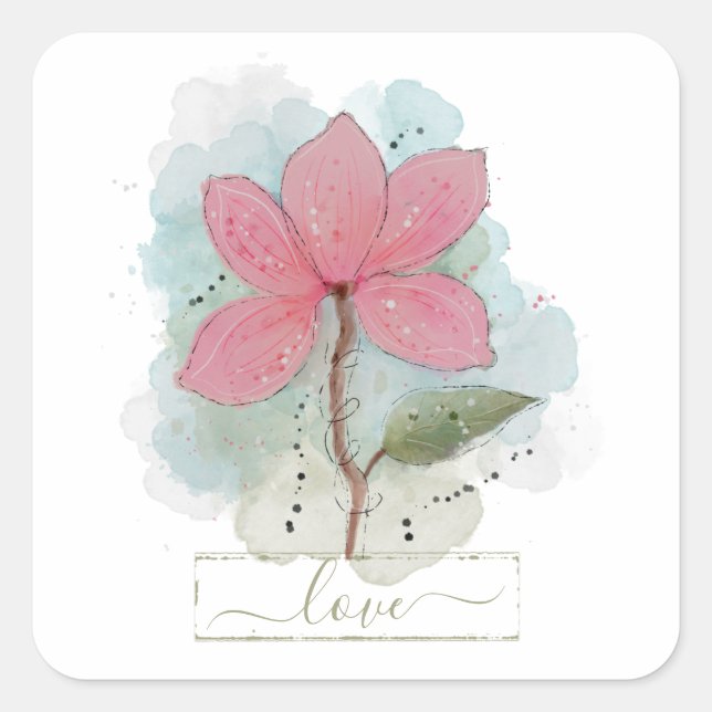 Adesivo Quadrado Pink Watercolor Flower Love (Frente)