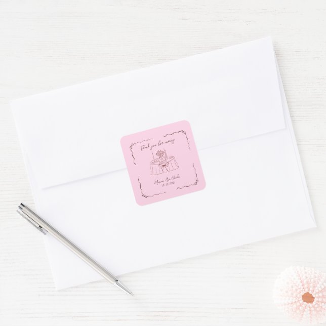 Adesivo Quadrado Pink Whimsical Hand Drawn Illustrated Wedding  (Envelope)