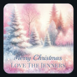 Adesivo Quadrado Pink Winter Wonderland Christmas Personalizado<br><div class="desc">Bonito maravilha rosa de inverno terra natalícia personalizada. Uma floresta rosa com pinheiros cobertos de neve.</div>