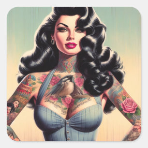 Adesivo Quadrado Pino de Beleza Retro Tatuado