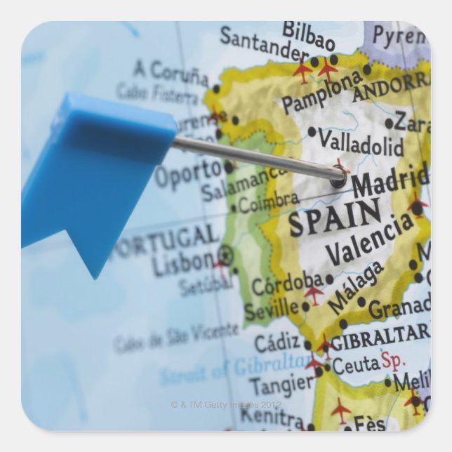 Adesivo Quadrado Pino do mapa colocado em Madrid, Espanha no mapa,  (Frente)