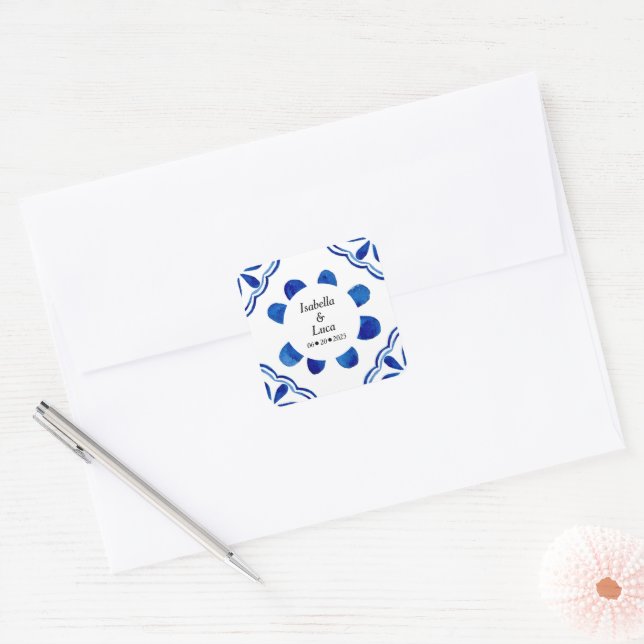 Adesivo Quadrado Pintado com Azulejo Floral Azul-Mediterrâneo (Envelope)