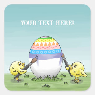 Adesivo Quadrado Pintinhos de Páscoa pintam o ovo de Páscoa