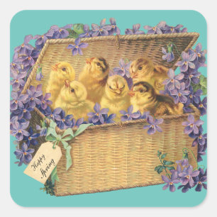 Adesivo Quadrado Pintinhos de Páscoa Vintage em Basket, 'Happy Pri
