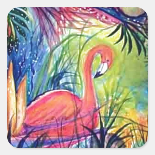 Adesivo Quadrado Pintor de Aquarela Flamingo Sanibel, Rosa, Meia-No (Frente)