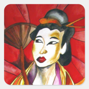 Adesivo Quadrado Pintura a aquarela original em Geisha