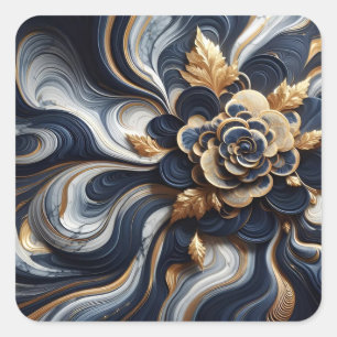 Adesivo Quadrado Pintura Abstrata de Mármore Azul Marinho e Dourado