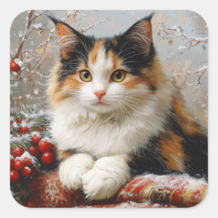 Adesivo Quadrado Pintura da Cena de Inverno Calico Cat