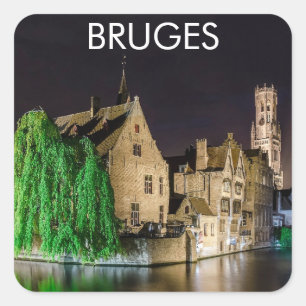 Adesivo Quadrado Pintura da cidade antiga de Bruges e da torre de B