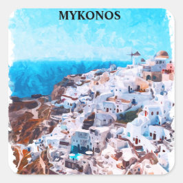 Adesivo Quadrado Pintura de Aquarela de Grécia Mykonos