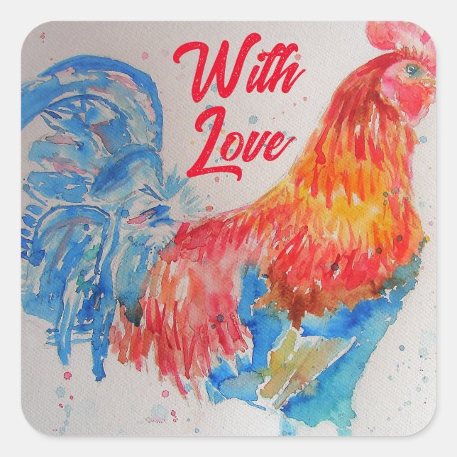 Adesivo Quadrado Pintura De Aquarela De Rooster Vermelho Com Amor (Frente)